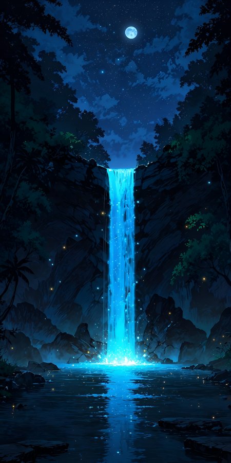 蓝光瀑布倾泻岩壁月夜森林萤火虫点缀梦幻水景动漫风景插画手机壁纸