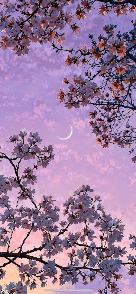 樱花枝头新月点缀粉紫天空动漫风景插画手机壁纸