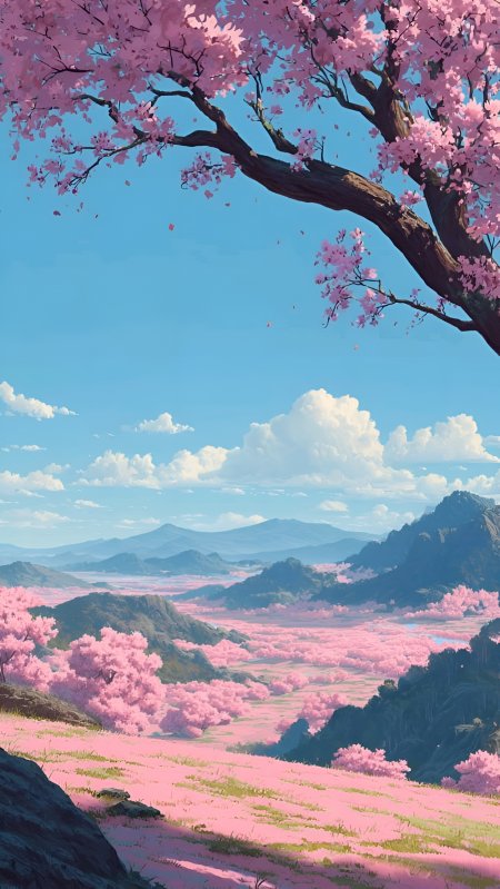 粉樱满谷蓝天白云层叠山峦唯美春日动漫风景插画手机壁纸