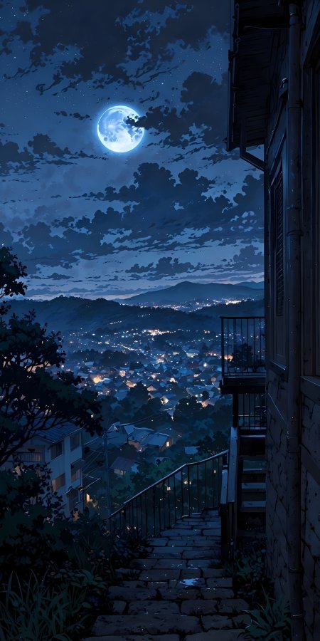 满月照耀山城万家灯火石阶蜿蜒通向远方夜景动漫风景插画手机壁纸
