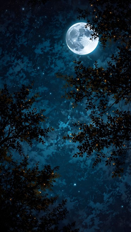 巨月当空枝叶间萤火虫闪烁深蓝夜幕静谧森林动漫风景插画手机壁纸