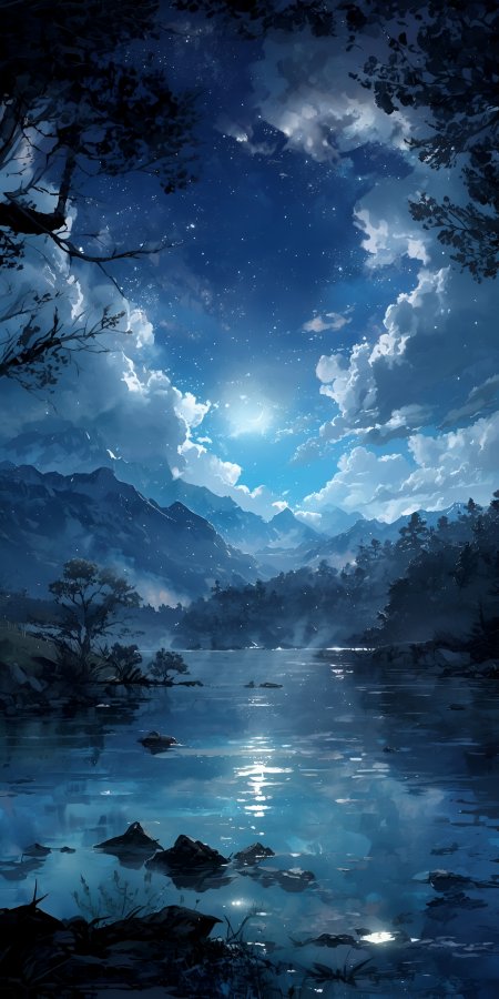 蓝调湖面倒映星月远山云雾缭绕静谧夜景动漫风景插画手机壁纸