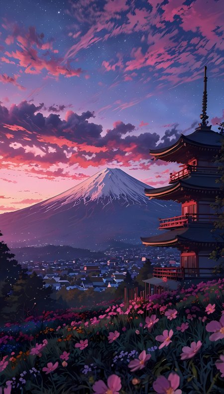 富士山映衬粉紫云霞古塔花田日式黄昏动漫风景插画手机壁纸