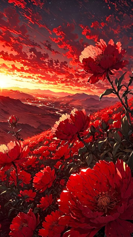 山坡牡丹盛放晚霞染红天际动漫风景插画手机壁纸