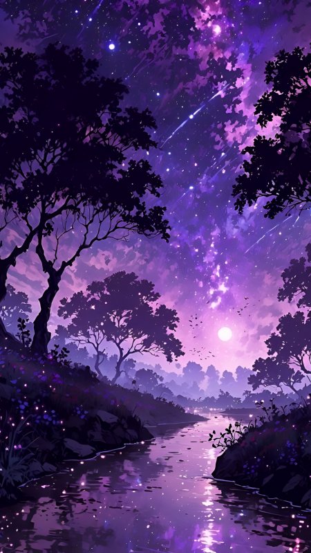 流星划破紫夜森林溪流倒影星光点点动漫风景插画手机壁纸