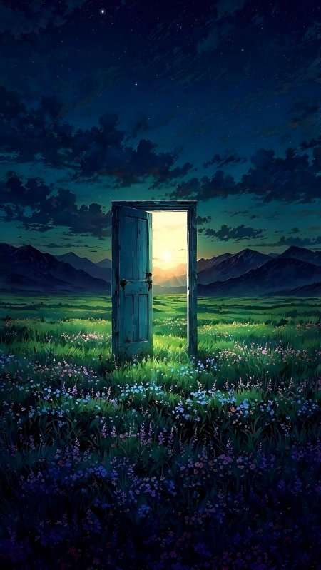绿野花田中孤门通向夕阳远山治愈系动漫风景插画手机壁纸
