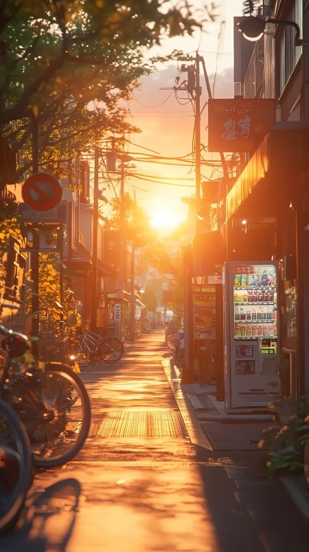 夕阳染金小巷自行车停靠自动贩卖机旁日系黄昏动漫风景插画手机壁纸