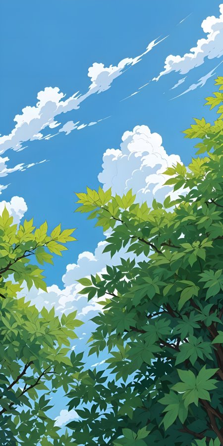 绿叶仰望蓝天白云飘逸云层夏日清新视角动漫风景插画手机壁纸