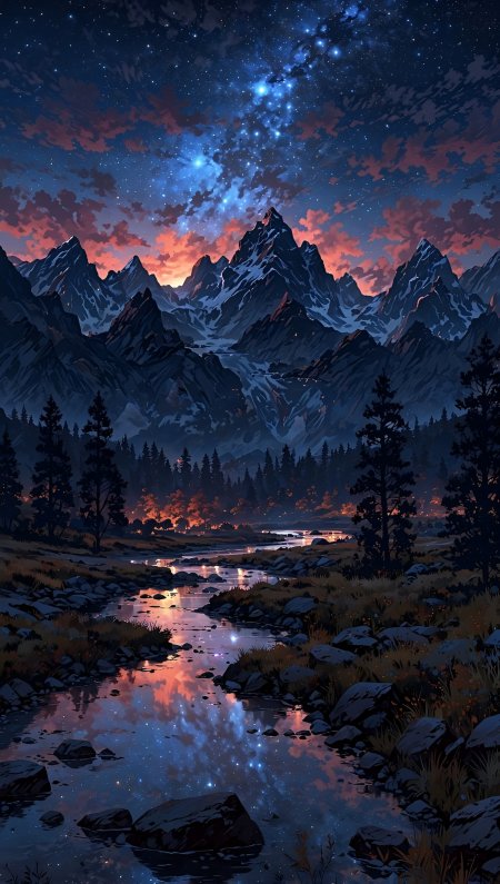 星空下雪山溪流倒映晚霞森林静谧夜景动漫风景插画手机壁纸