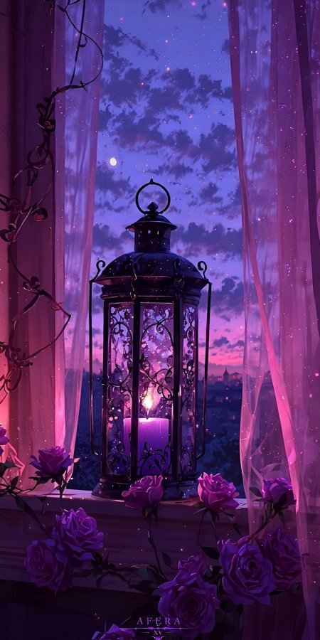 铁艺灯笼烛光摇曳紫玫瑰簇拥窗边浪漫夜景动漫风景插画手机壁纸