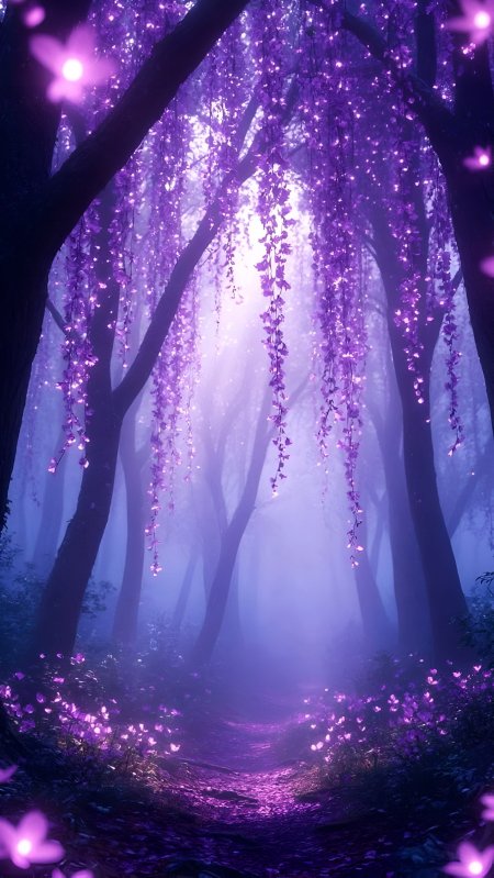 紫藤花垂挂林间小径光影斑驳梦幻森林动漫风景插画手机壁纸