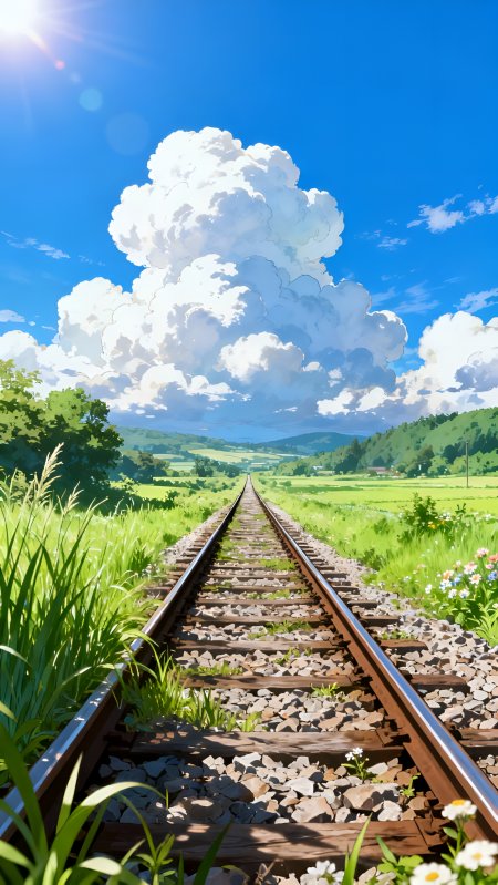 铁轨延伸向远方积雨云下绿野田园日系动漫风景插画手机壁纸