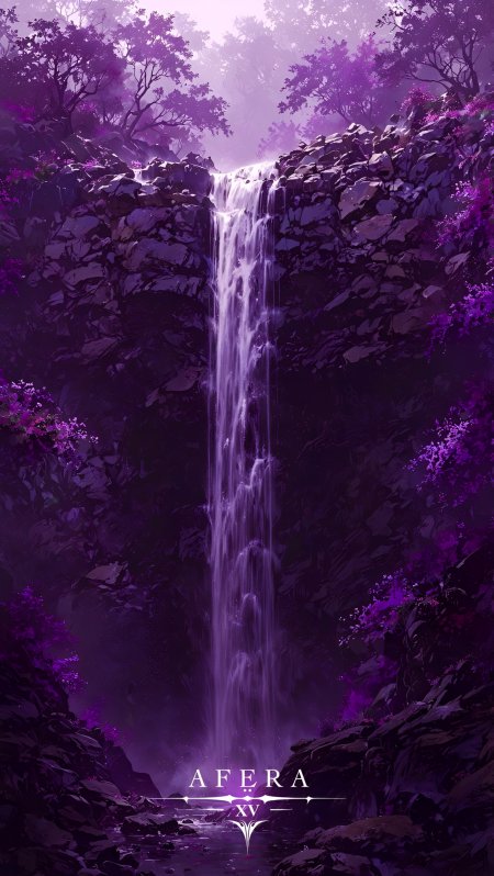 紫色瀑布倾泻岩壁花海环绕神秘峡谷动漫风景插画手机壁纸