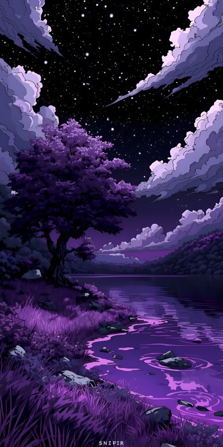紫树临水星河倒映云层翻涌奇幻夜景动漫风景插画手机壁纸