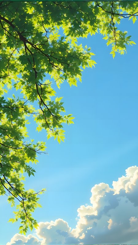 阳光穿透绿叶蓝天云朵清新树影斑驳动漫风景插画手机壁纸