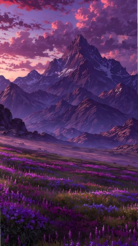 紫霞染山峰峦起伏花海绵延日落时分动漫风景插画手机壁纸