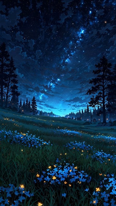 星河垂落草原蓝色小花与萤火交织梦幻夏夜动漫风景插画手机壁纸