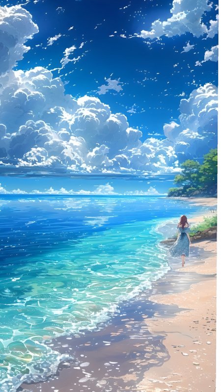 少女漫步碧蓝海岸白云朵朵浪花轻抚沙滩唯美动漫风景插画手机壁纸