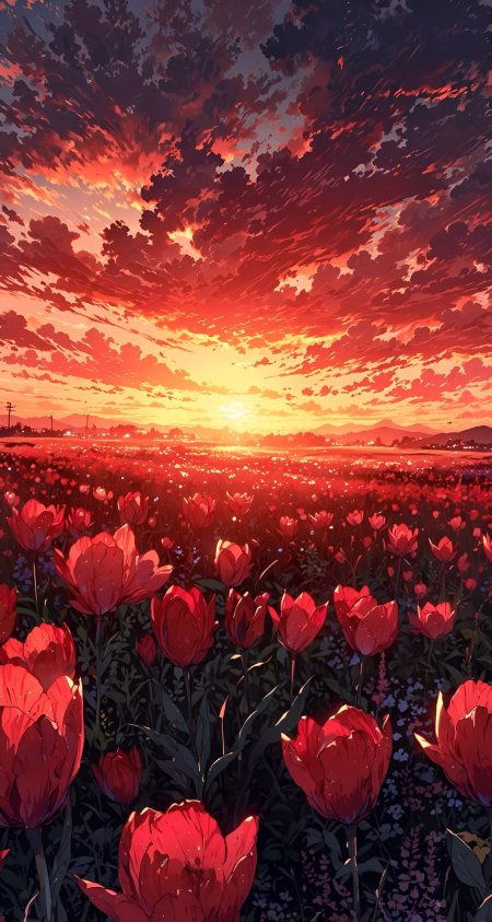 夕阳下郁金香花海燃烧云霞动漫风景插画手机壁纸