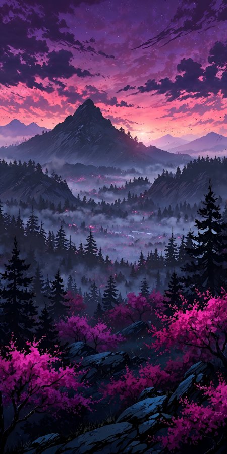 紫霞山峦樱花盛放云雾缭绕奇幻山谷动漫风景插画手机壁纸