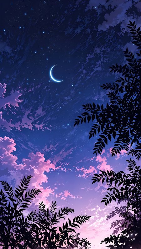 星月交辉紫云缭绕树影婆娑动漫风景插画手机壁纸