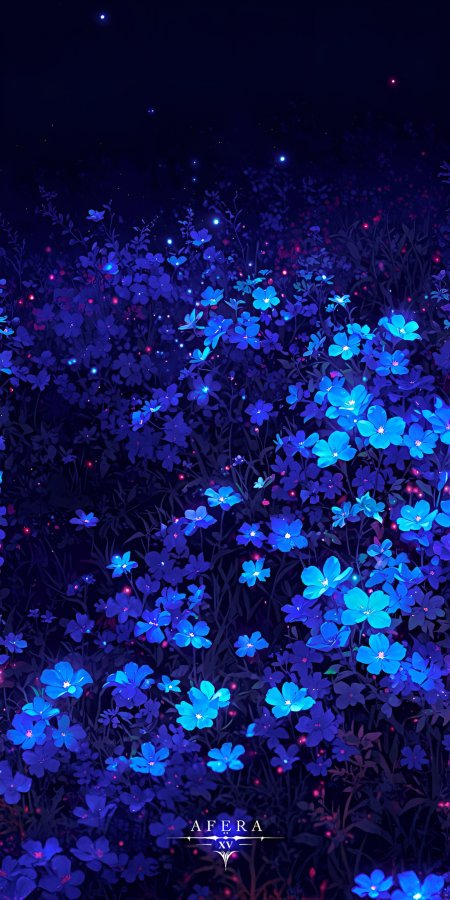 蓝色荧光花海星空点缀梦幻夜景动漫风景插画手机壁纸