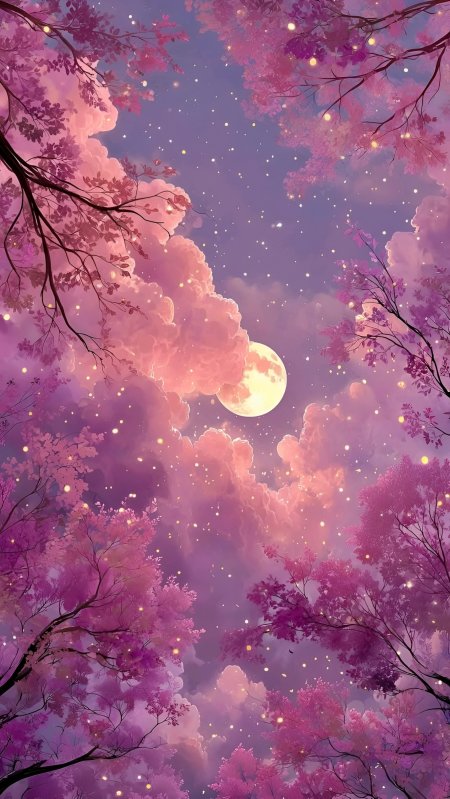 粉樱满枝云朵如絮月光洒落梦幻花树动漫风景插画手机壁纸