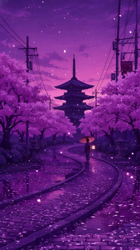 紫樱小径通向古塔少女撑伞漫步梦幻夜景动漫风景插画手机壁纸
