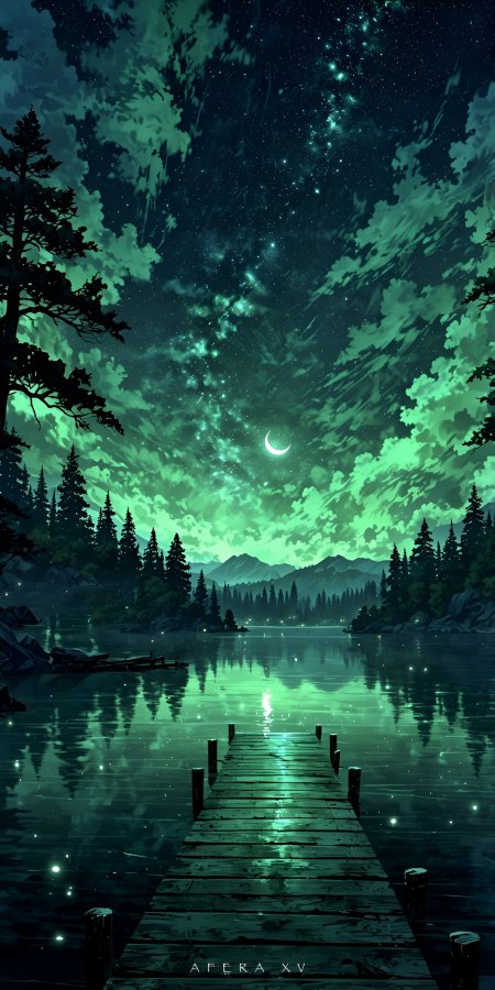 绿光云霞笼罩月牙木栈道延伸湖心奇幻夜色动漫风景插画手机壁纸