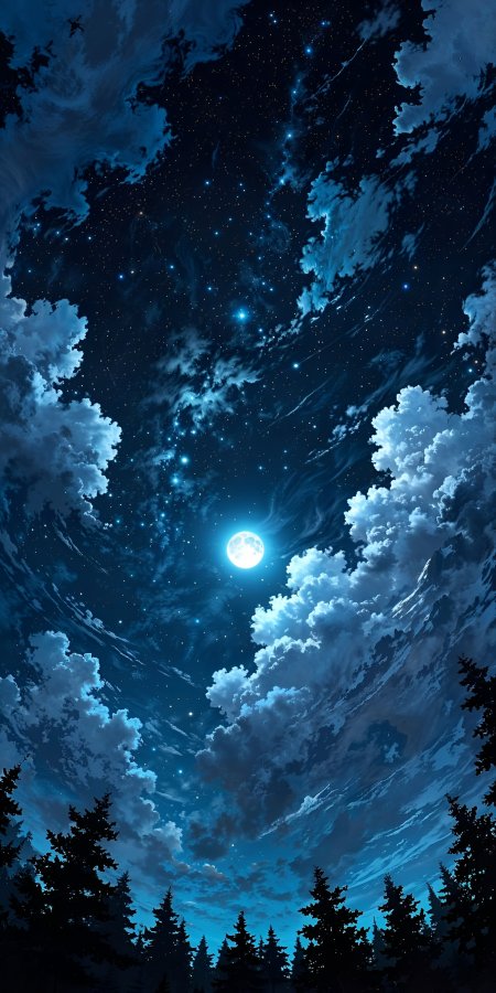 深蓝夜空圆月高悬云层环绕森林剪影动漫风景插画手机壁纸