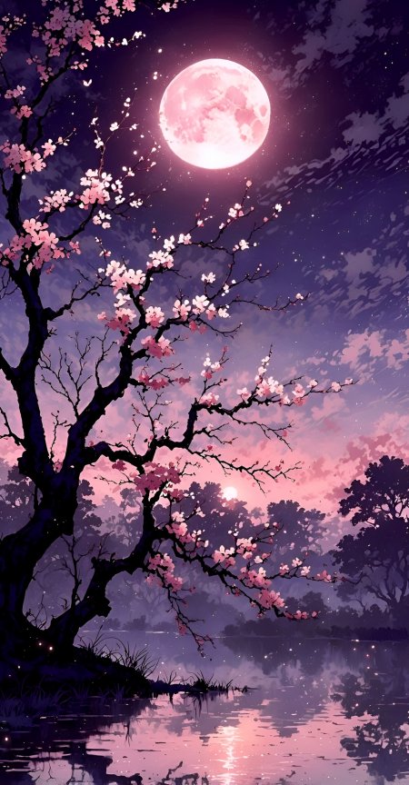 樱花树下粉月高悬水面倒影静谧夜色动漫风景插画手机壁纸