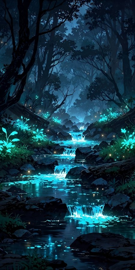 幽蓝森林溪流荧光植物点缀奇幻夜景动漫风景插画手机壁纸