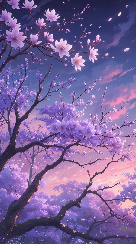紫色玉兰花开满枝头粉紫晚霞映衬梦幻花树动漫风景插画手机壁纸