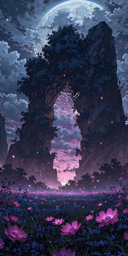 巨月悬空岩门透光花海萤光点点奇幻夜景动漫风景插画手机壁纸