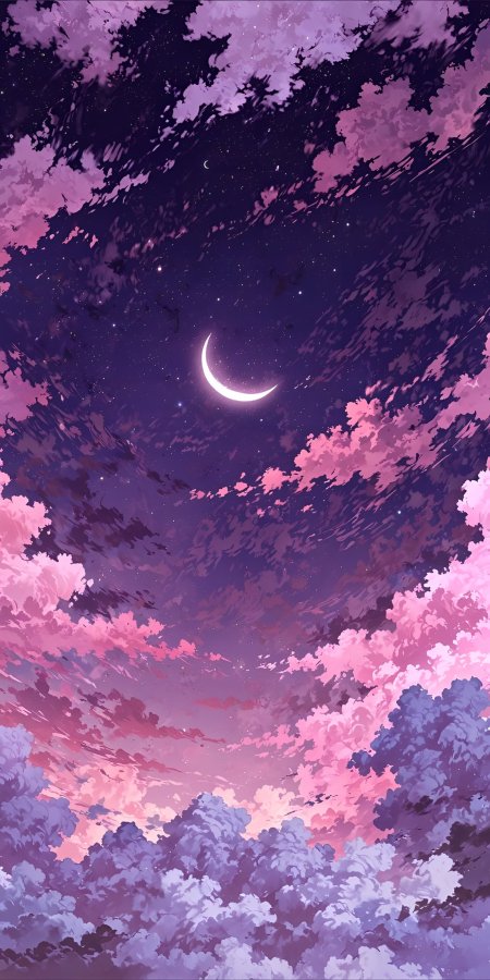 粉紫云层包裹弯月星空点缀浪漫夜空动漫风景插画手机壁纸