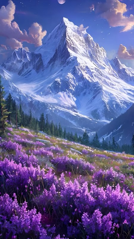 雪峰巍峨紫花海铺展山谷月光洒落梦幻高山动漫风景插画手机壁纸