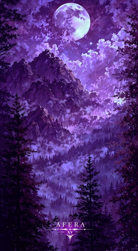 巨月悬空紫雾缭绕松林山峰奇幻夜景动漫风景插画手机壁纸