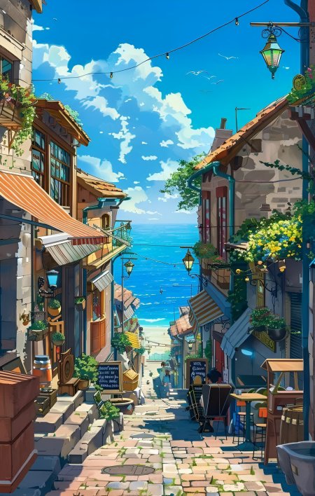 欧式小镇石板街巷通往蔚蓝大海清新治愈动漫风景插画手机壁纸