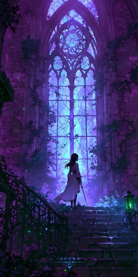 少女持剑立于彩窗阶梯藤蔓缠绕神秘教堂动漫风景插画手机壁纸