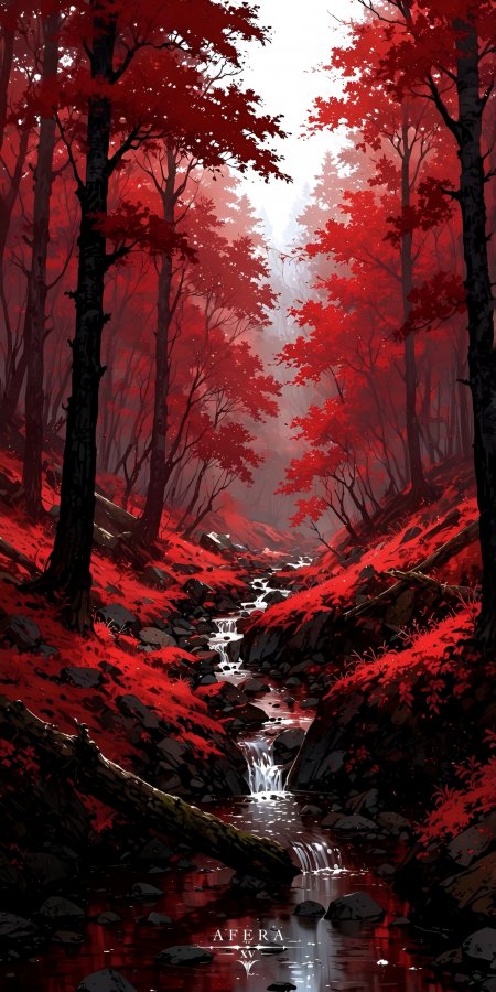 红叶森林溪流潺潺迷雾深处动漫风景插画手机壁纸