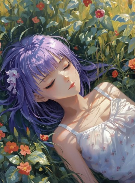 紫发少女躺卧花丛闭目微笑清新治愈动漫人物插画电脑壁纸