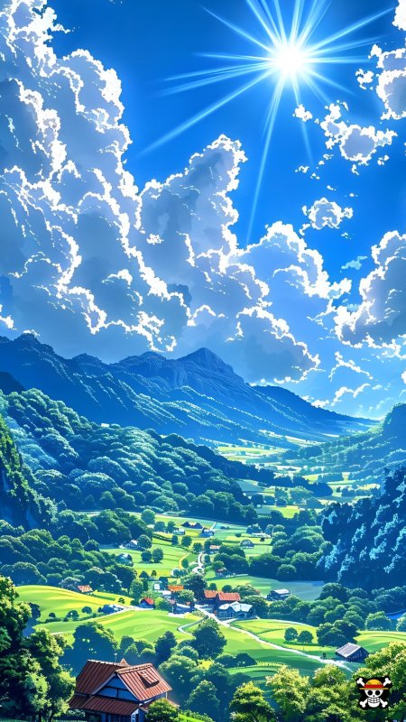 阳光穿透云层洒落翠绿山谷田园村落宁静祥和动漫风景插画手机壁纸