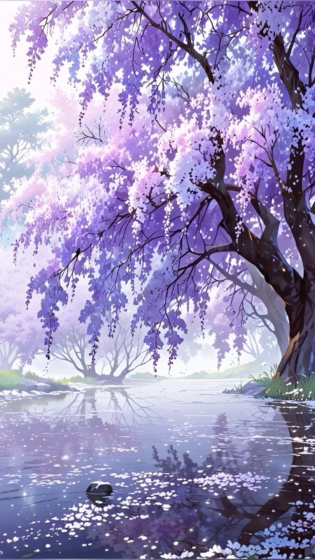紫藤花垂枝水面倒影梦幻森林动漫风景插画手机壁纸