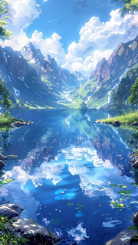 高山湖泊倒映蓝天白云睡莲点缀静谧湖面动漫风景插画手机壁纸