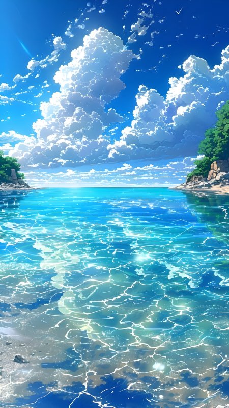 碧海蓝天巨云翻涌海岸线清澈见底夏日动漫风景插画手机壁纸
