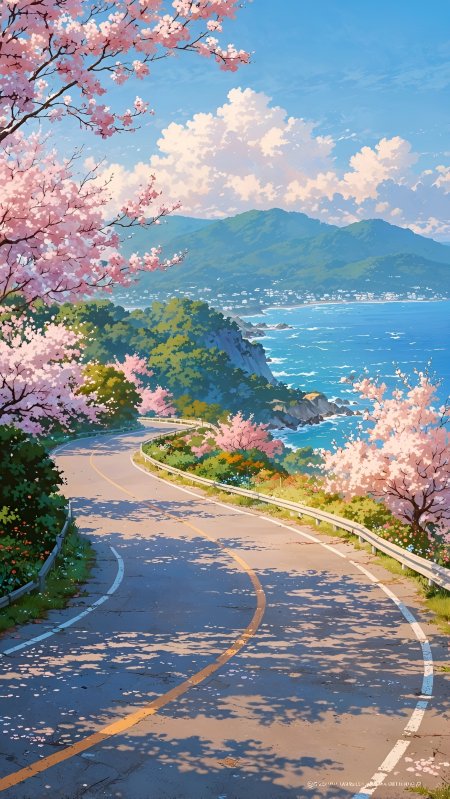 樱花盛放沿海公路蜿蜒通向蔚蓝大海春日治愈系动漫风景插画手机壁纸