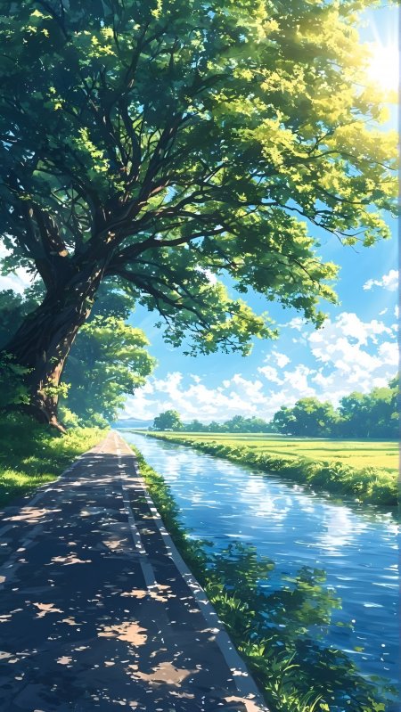 绿树成荫乡间小路溪水潺潺阳光透过叶隙洒落动漫风景插画手机壁纸