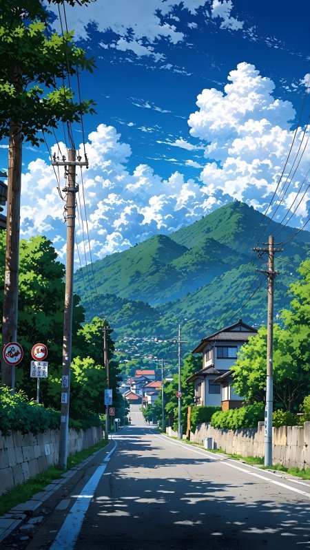 乡间小路两旁绿树成荫远山如黛晴空万里动漫风景插画手机壁纸