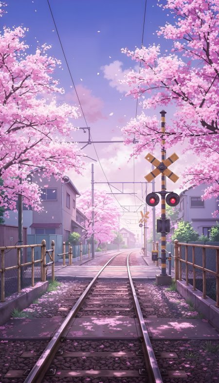 樱花满枝铁轨延伸道口红灯闪烁春日铁道动漫风景插画手机壁纸