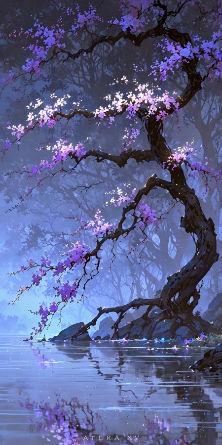紫樱古树盘根水边倒影薄雾缭绕神秘森林动漫风景插画手机壁纸